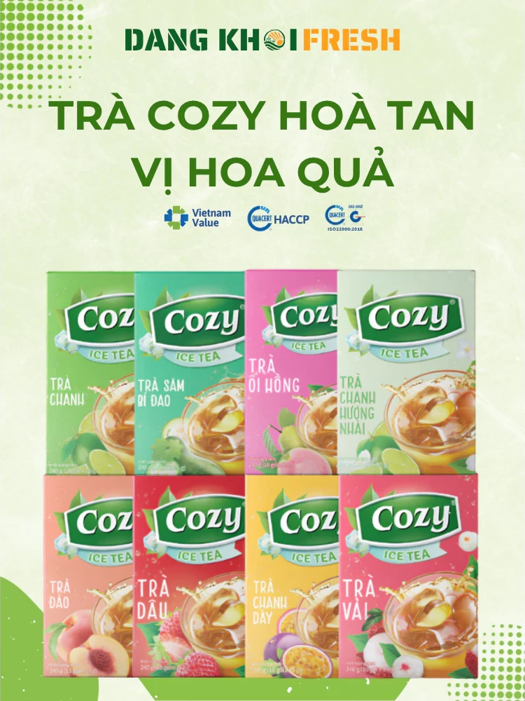 Combo 10 Hộp Trà Đen Hòa Tan Cozy - Trà Đào Gừng Chanh Vải Dâu Ổi Hồng Chanh Dây Sâm Bí Đao 16*15g - Chính hãng tại Đăng Khôi Fresh (freshdangkhoi.com)